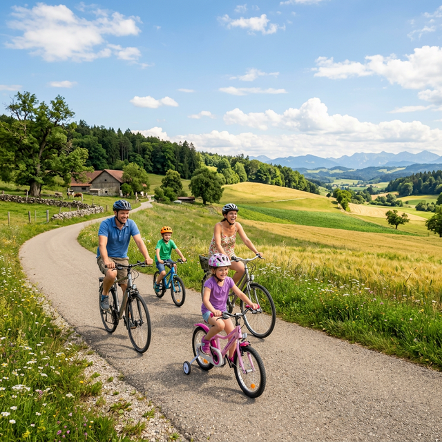 Familie fährt Fahrrad - Anreise zum Himmelreich